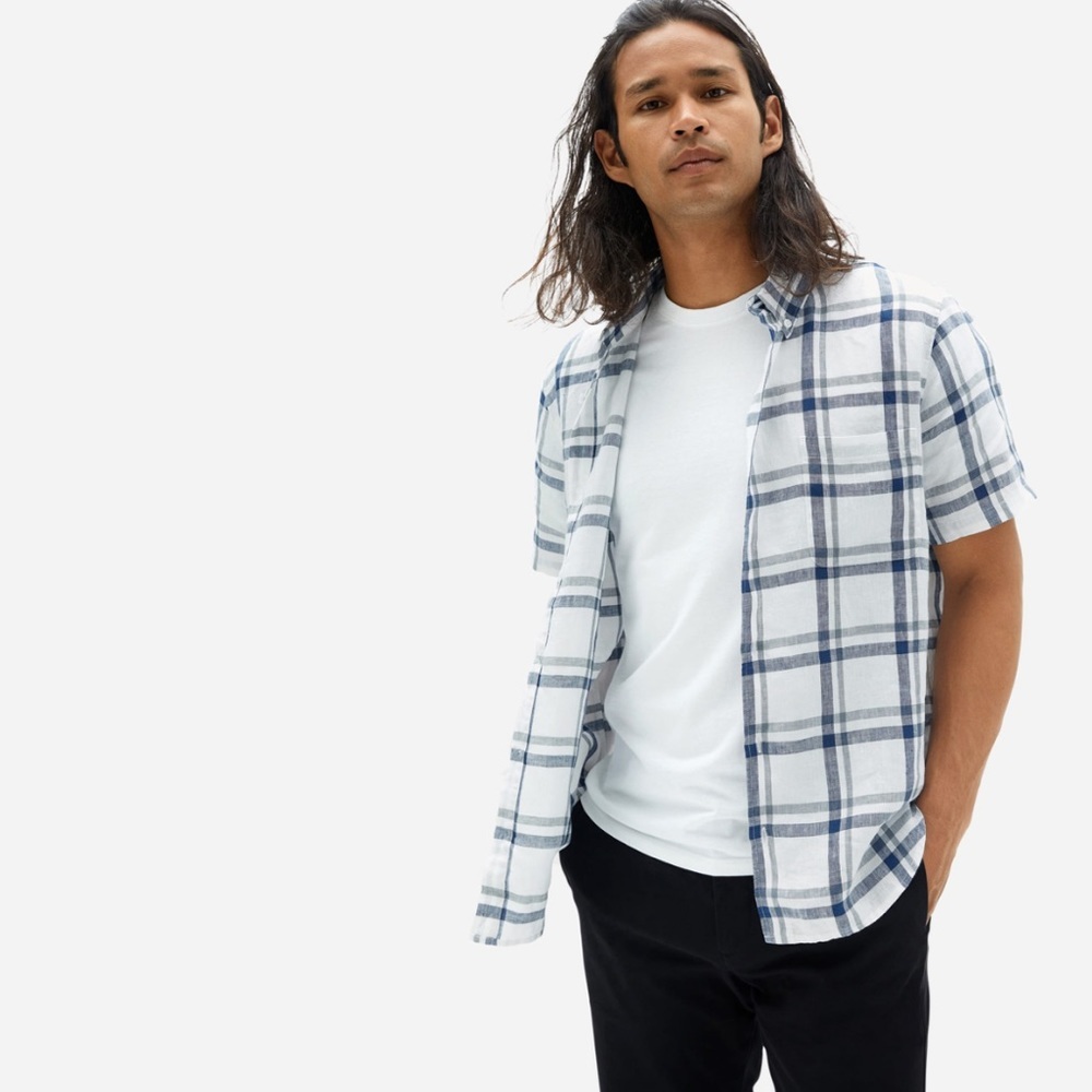 Everlane The Linen Short-Sleeve Standard Fit Shirt White Windowpane
